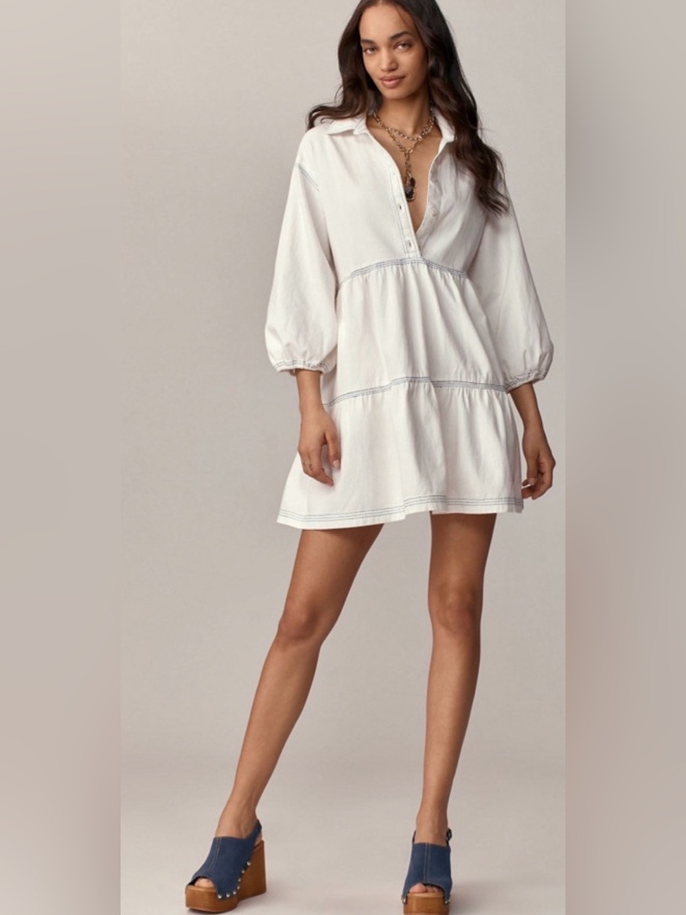 Anthropologie White Popover Tiered Mini Dress